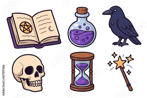Magic and witchcraft icon set. Collection of mystical symbols: spellbook, potion, skull, hourglass, raven, magic wand. Fantasy wizardry and alchemy vector cartoon illustration.