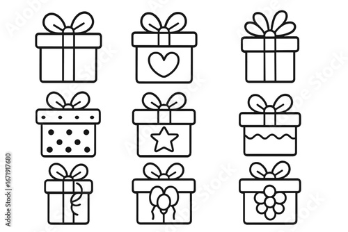 Set of gift box line icons. Present collection for celebration, birthday, Christmas. Vector illustration of surprise packages with ribbons, hearts, stars. Black and white outline.