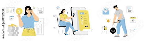 Tax online payment. Financial management, tax preparation services. High personal income tax rates. Flat vector illustration isolated on white background.