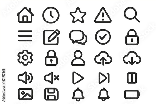 Simple outline icon set for web and mobile app interface design. Collection of universal pictograms for user navigation, multimedia control, settings, and notifications.