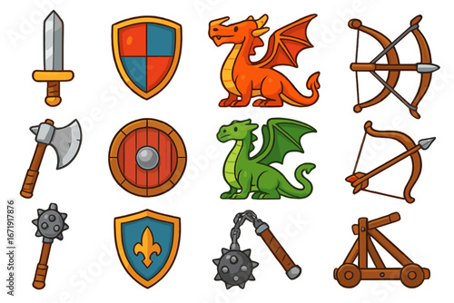 Medieval fantasy icon set. Cartoon vector game assets collection. Knight weapons, dragon, shield, sword, axe, bow, catapult. Middle ages battle clipart for mobile app or RPG.