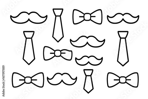 Set of men's accessories icons. Mustache, tie, and bow tie simple outline collection. Gentleman style elements for Father's Day. Hipster party photo booth props vector.