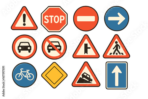 Road sign collection. Vector traffic safety symbols set. Stop, no entry, warning, pedestrian crossing, bicycle lane icons. Driving regulation & guidance illustration isolated.
