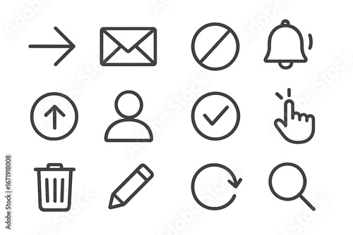 Set of essential thin line icons for web and mobile app interfaces. Minimalist pictograms for UI/UX design. Includes symbols for search, edit, delete, user, and notify.