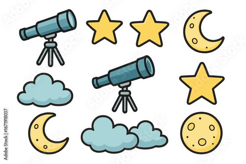 Astronomy icon set with telescope, star, and moon. Cute cartoon vector collection for science and education. Night sky observation, space exploration, and stargazing elements.