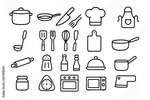 Kitchen and cooking outline icon set. Vector culinary utensil & equipment symbols. Food preparation, restaurant & home cooking concepts. Pot, pan, chef hat, oven & microwave.