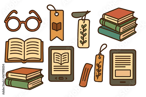 Reading accessories vector icon set. A cozy cartoon collection of books, an e-reader, glasses, and bookmarks for literature, education, or book lover concepts.
