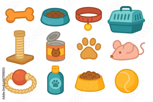 Pet care icon set. Vector collection of cartoon animal accessories. Dog and cat supplies for pet shop or veterinary clinic. Food, toys, grooming, and carrier elements.
