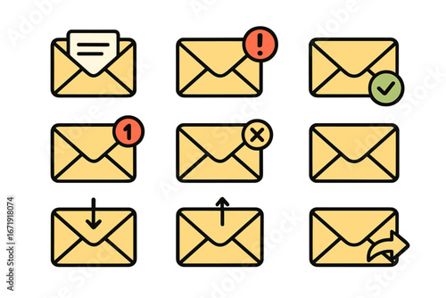 Set of email envelope icons. Vector cartoon illustration for digital communication. New message, sent, received, spam, delete, important notification symbols. Flat design.