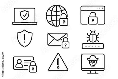 Cybersecurity line icon set, internet security and privacy protection symbols, online data safety, digital lock and shield icons, malware protection, secure communication vector