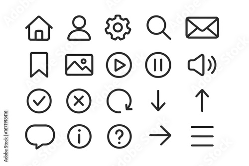UI UX line icon set for mobile app and web design. Minimalist outline pictogram collection. Home, profile, settings, search, mail, play, pause, download, upload vector symbols.