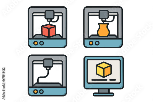 3D printer vector icon set. Additive manufacturing and rapid prototyping concept. 3D modeling device and computer aided design (CAD). Modern technology cartoon illustration.