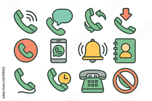 Vector phone icon set for communication concepts. Mobile call, message, contact book, notification bell, smartphone app, incoming call, missed call, landline, blocked call.