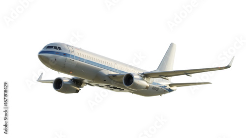 Modern commercial passenger jet airplane with twin engines flying through the sky isolated on transparent background