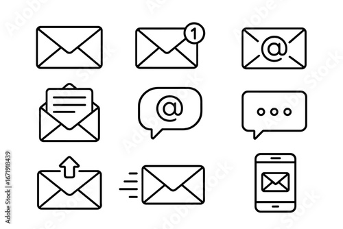 Email communication line icon set with message notifications and tech outline collection, vector cartoon illustration, transparent background, ordered icon set 3