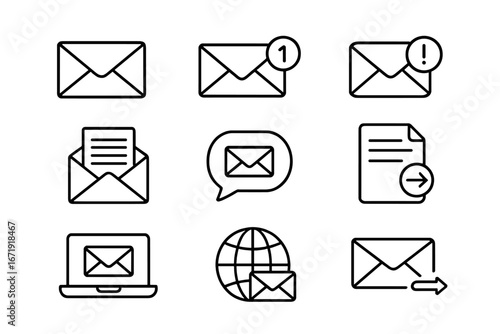 Email communication line icon set with messages, notifications, alerts, document sharing, and technology outlines, cartoon style vector collection with transparent background, ordered icons set