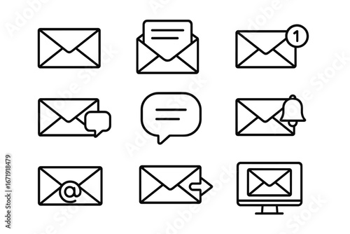 Email communication icons set, message notifications, chat bubbles, mail alerts, tech outline vector collection, digital message symbols, cartoon style with transparent background