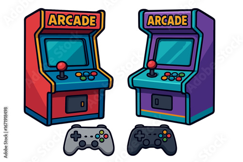 Retro arcade machine and modern game controller. Vector set for gaming concept. Nostalgic 80s and 90s video game cabinet. Gamer joystick and gamepad flat illustration.