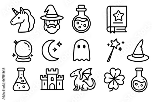Fantasy and Magic Line Icon Set with Mystical Creatures, Enchanted Items, Magical Symbols, Wizards, Dragons, and Potion Bottles - Vector Cartoon Illustration Transparent Background