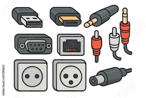 Vector icon set of electronic connectors. USB, HDMI, VGA, RJ45 Ethernet, audio jack, RCA plugs. Computer & multimedia connection. Power outlet socket. Cartoon illustration.