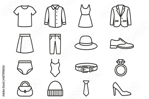 Fashion apparel outline icon set including clothing, style, and accessories line art collection. Vector cartoon illustration with transparent background. Organized fashion icons set 2.