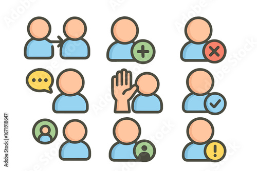User profile icon set for web and app UI UX design. Vector collection includes add, delete, block, follow, and message symbols for social media and community management.