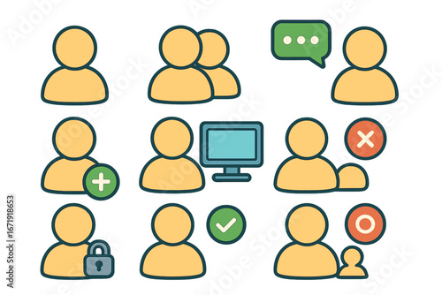User profile icon collection. Vector avatar set for UI UX web and mobile app design. Add friend, delete user, chat message, verify account, group, and secure login symbols pack.