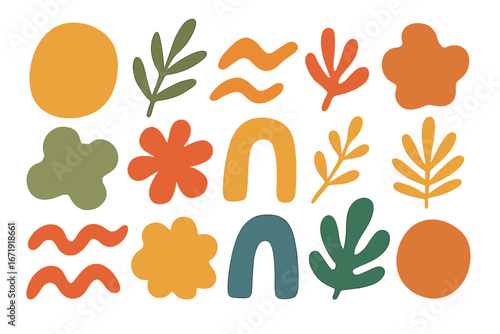 Collection of abstract organic shapes. Hand drawn doodle style. Modern minimalist botanical elements with leaves, flowers, blobs. Creative Matisse inspired nature vector set.