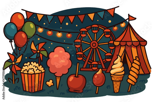 Colorful carnival decorations and festive treats create a lively fairground scene with balloons, cotton candy, popcorn, Ferris wheel, and circus tent at evening celebration vector cartoon illustration