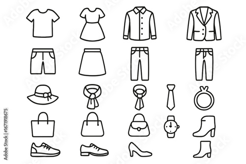 Fashion apparel outline icon set including clothing, style accessories, shoes, bags, hats, jewelry, and watches. Vector cartoon line art collection with transparent background. Ordered set.