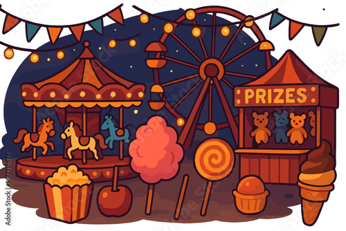 Colorful Carnival Decorations and Festive Fairground Treats with Carousel, Ferris Wheel, and Prize Booth Under Evening Lights, Vector Cartoon Illustration