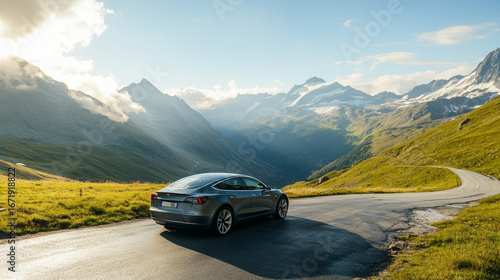 Hybrid Car Parked on Scenic Mountain Road, Seamlessly Integrated into Picturesque Landscape, Eco-Friendly Vehicle in Nature, Sustainable Transportation Meets Outdoor Beauty