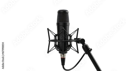 Professional black condenser microphone with shock mount and cable isolated on transparent background for recording vocals or instruments