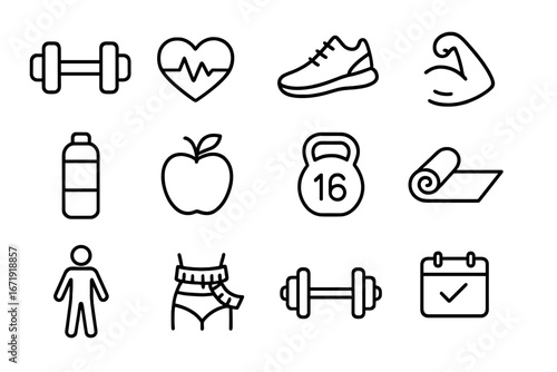 Fitness and health outline icon set, exercise and wellness gym symbols, vector cartoon illustration, transparent background, ordered fitness and lifestyle icons