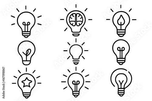 Set of light bulb icons. Symbol of creativity, idea, innovation, inspiration and solution. Brainstorming and thinking concept. Minimalist line art vector illustration collection.