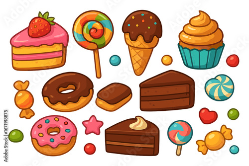 Cartoon dessert and candy vector set. Colorful collection of sweets icons including cake, donut, ice cream, and lollipop. Confectionery and patisserie graphic elements.