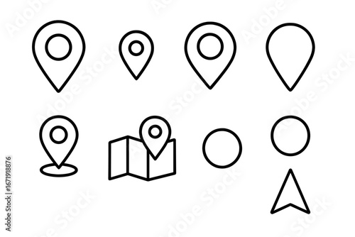 Collection of map pins and location icons. Simple line art set for navigation, destination, and address. Vector symbols for GPS, marker, and point of interest concepts.