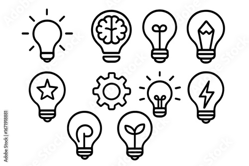 Light bulb icon set. Concept of idea, creativity, innovation, thinking, and solution. Line art symbols for business, energy, power, brain, and inspiration. Vector design elements.