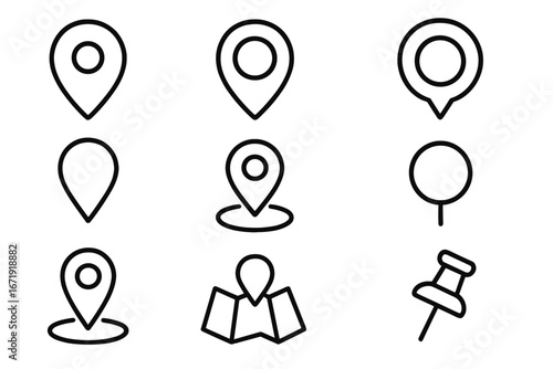 Map pin and location icon set. Simple line art collection for navigation and destination. GPS marker, pointer, and pushpin symbols for travel, route, and address. Vector icons.