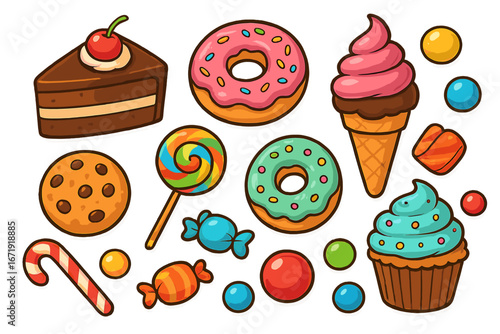 Sweets and desserts icon set. Colorful cartoon vector illustration. Cake, donut, ice cream, cupcake, candy, cookie, lollipop. Confectionery and bakery food graphic elements.