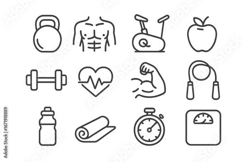 Fitness and health outline icon set, exercise gym symbols, wellness icons, workout equipment, healthy lifestyle vector cartoon illustration, transparent background, ordered set