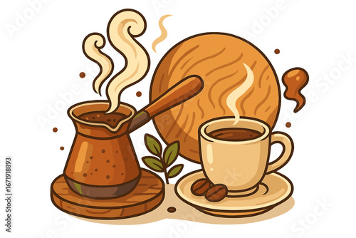 Traditional coffee brewing with cezve pot and cup. Hot aromatic espresso drink concept. Morning breakfast beverage cartoon vector illustration with coffee beans and steam.