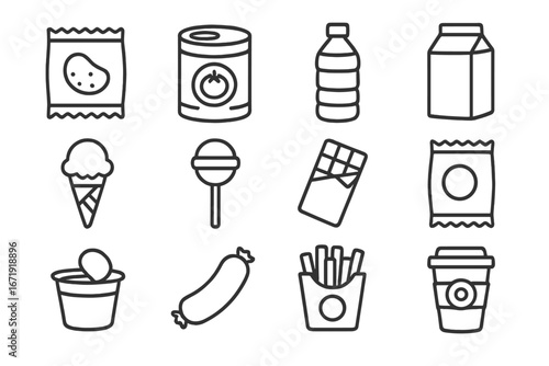 Food and beverage outline icon set with snacks, canned goods, drinks, dairy, and fast food packaging collection, vector cartoon illustration, transparent background, ordered set