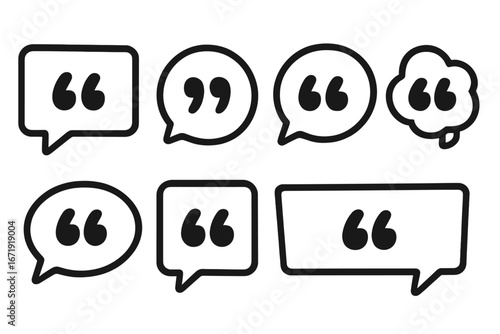 Quote speech bubble icon set. Collection of various chat bubbles with quotation marks. Minimalistic design for creative use, communication, dialog, and comments. Vector.