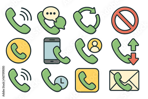 Phone call vector icon set. Mobile communication elements. Smartphone, contact, chat, message, support, missed call, callback, blocked call. Line cartoon illustration.