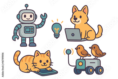 Cute animal pet and robot technology set. Dog on laptop, cat with tablet, bird on rover. AI, innovation, idea, smart tech, companionship. Cartoon vector illustration icons.