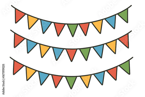 Colorful party bunting vector illustration. Garland with triangle flags for birthday, carnival, or festival celebration. Festive holiday decoration hanging on a string. Doodle cartoon style.