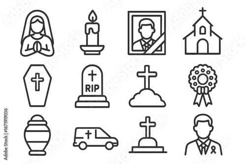 Funeral and Memorial Outline Icon Set, Mourning, Cemetery, Ceremony Icons in Line Art Style, Vector Cartoon Illustration with Transparent Background, Ordered Set 2