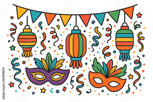 Colorful festive celebration decorations with lanterns, masks, confetti, streamers, and flags, vector cartoon illustration for party, carnival, Mardi Gras, and holiday decor