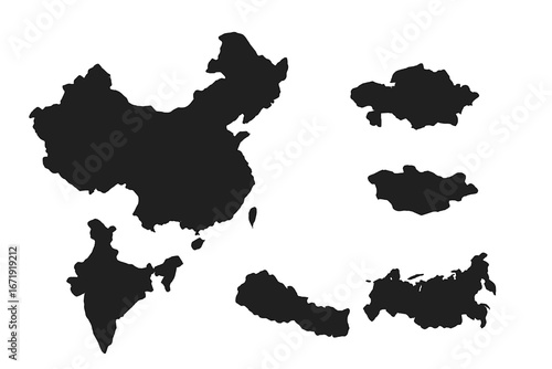 China map border icon collection. Set of Asian country silhouettes. Vector maps of China, India, Russia, Kazakhstan, Mongolia, Nepal. Geography cartography graphic element.